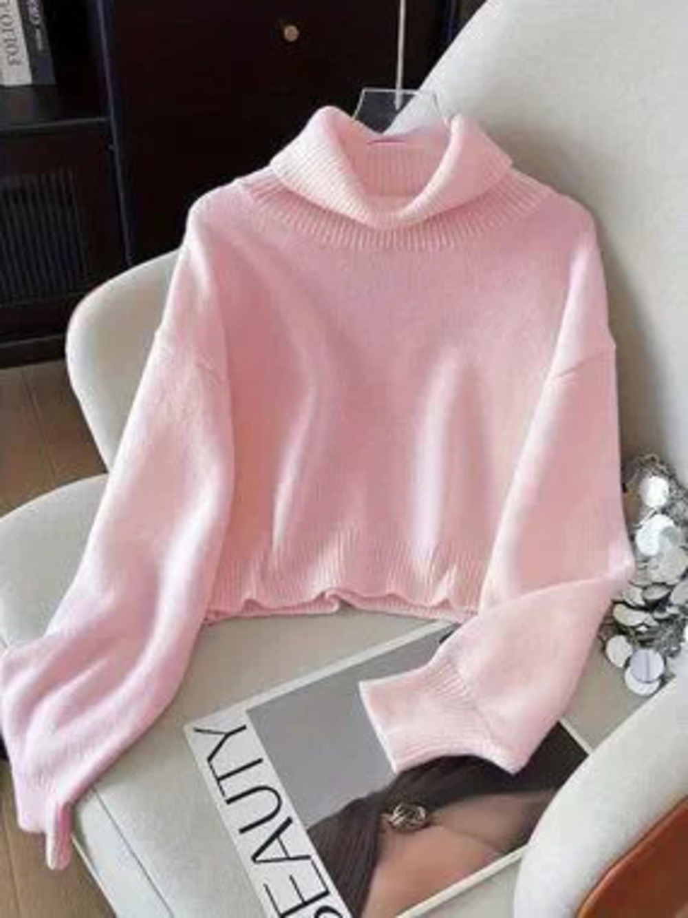 Pink Casual Women's High Neck Knit Sweater top & skirt 2 piece set